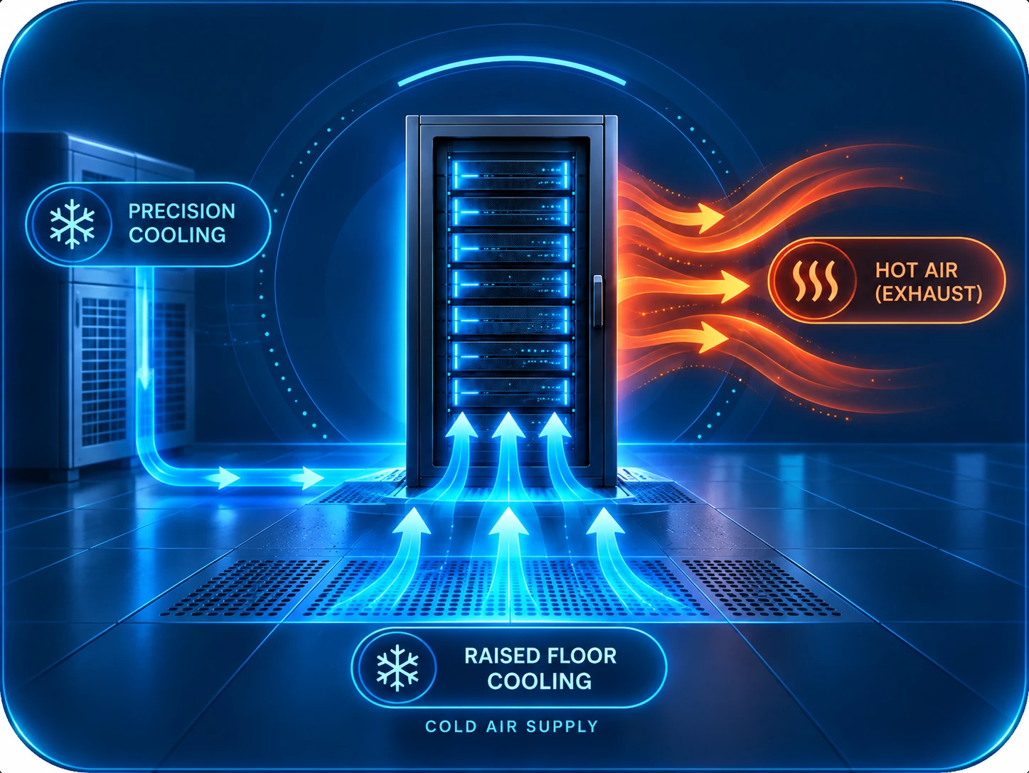 Precision cooling system supplying cold air through a raised floor to a server rack, with hot air exhausted from the rack.